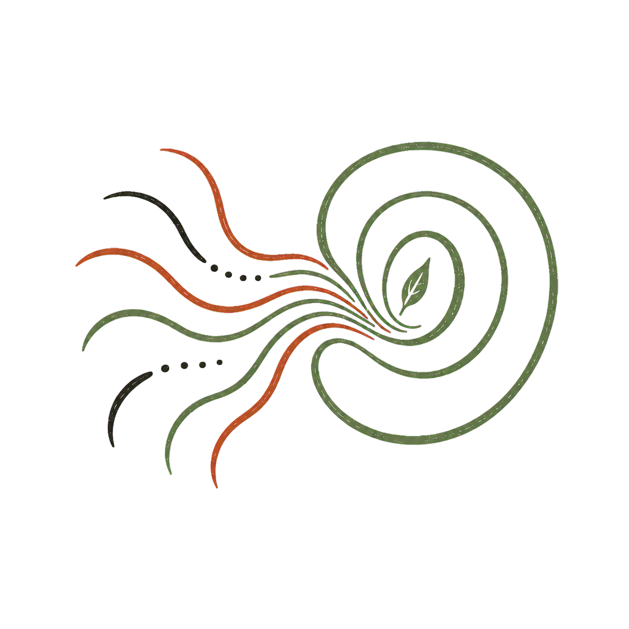 Organic illustration of flowing threads resolving into a calm spiral