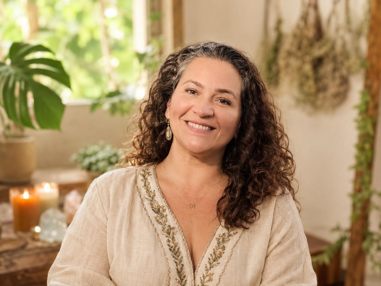 Thaysa smiling indoors in a calm plant-filled space